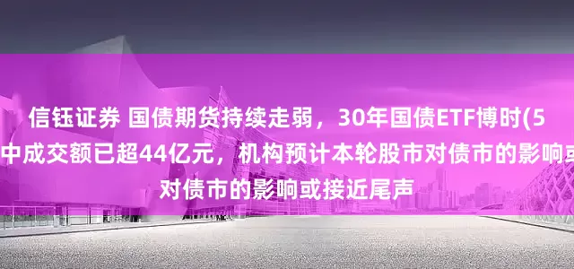 信钰证券 国债期货持续走弱，30年国债ETF博时(511130)盘中成交额已超44亿元，机构预计本轮股市对债市的影响或接近尾声